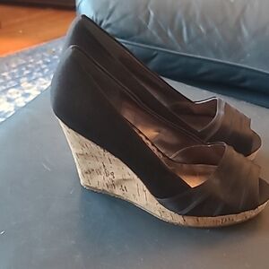 Nordstrom Black Peep-Toe Cork Wedge Pumps